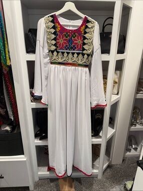 White Afghan Embroidered Long Sleeve Maxi Dress with Multicolor Desifn